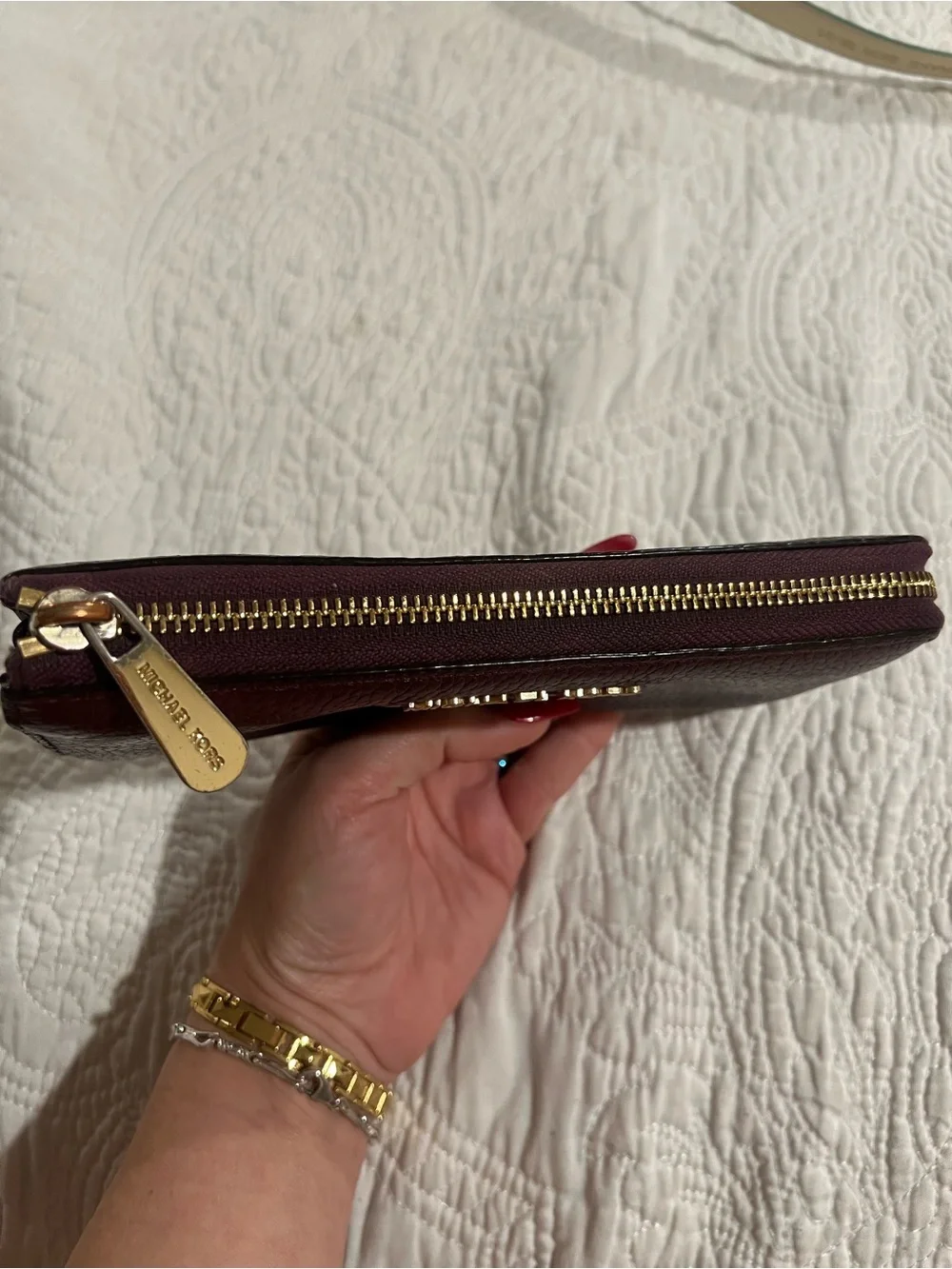 Michael Kors Burgundy Leather Zip-Around Wallet with Gold Logo